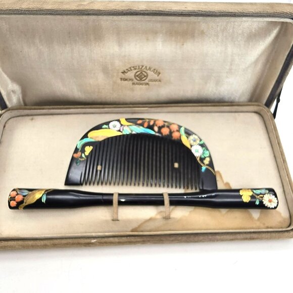Japanese Floral Lacquer Hair Comb & Stick Set In Box Matsuzakaya Vintage JE311 - Picture 4 of 14